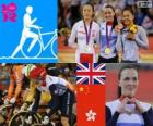 Keirin της Γυναίκας παρακολουθείτε ποδηλασία πόντιουμ, Victoria Pendleton (Ηνωμένο Βασίλειο), Guo Shuang (Κίνα) και Lee Wai-Sze (Χονγκ Κονγκ) - London 2012-